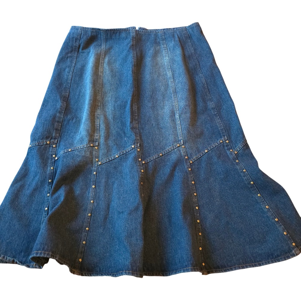 Y2K Studded Denim 12 Midi Skirt A-Line Panel Detail Distressed Street Edge Rock‎ - Picture 6 of 9